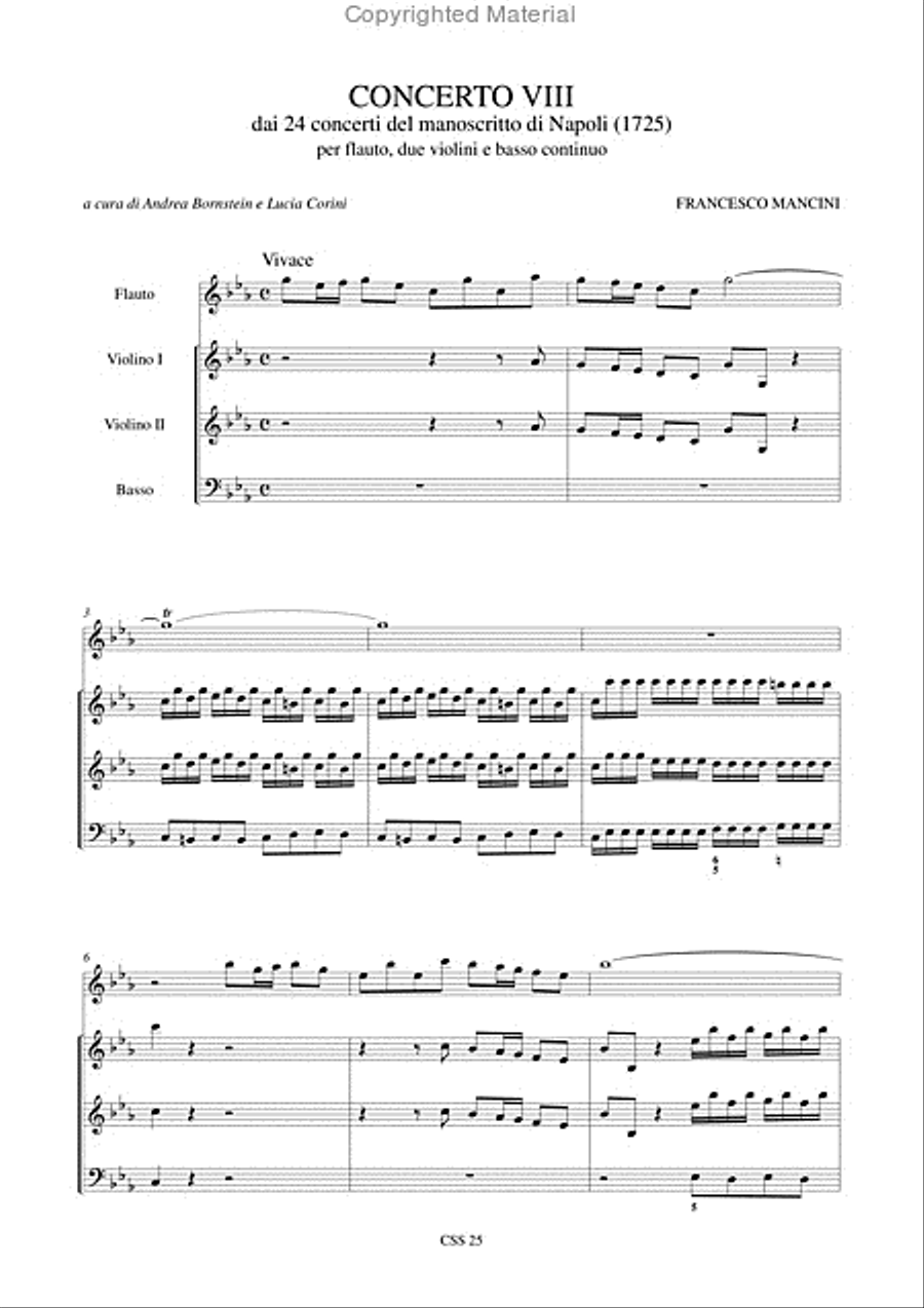 Concerto No. 8 from the 24 Concertos in the Naples manuscript (1725) for Treble Recorder (Flute), 2 Violins and Continuo
