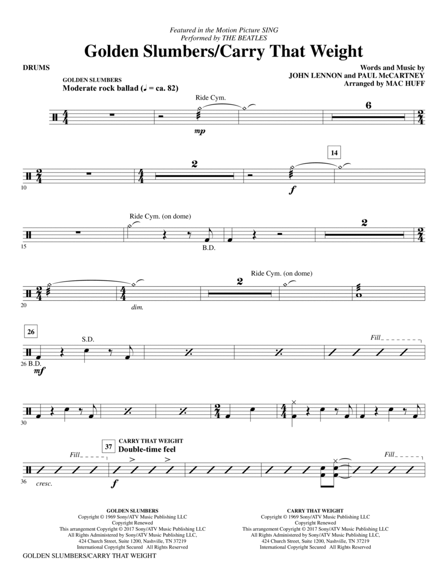 Golden Slumbers/Carry That Weight (from Sing) (arr. Mac Huff) - Drums Choir scores gallery preview page 1