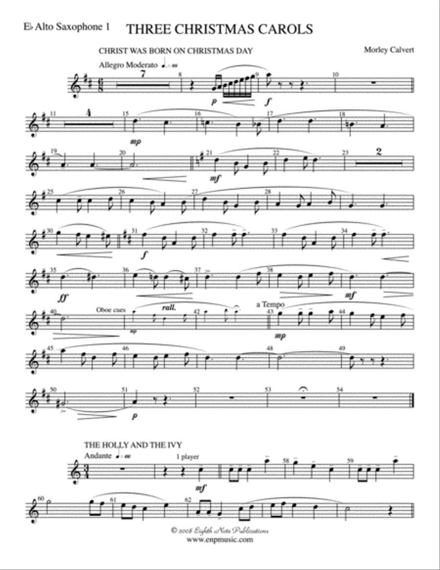 Three Christmas Carols: E-flat Alto Saxophone Concert Band scores gallery preview page 1