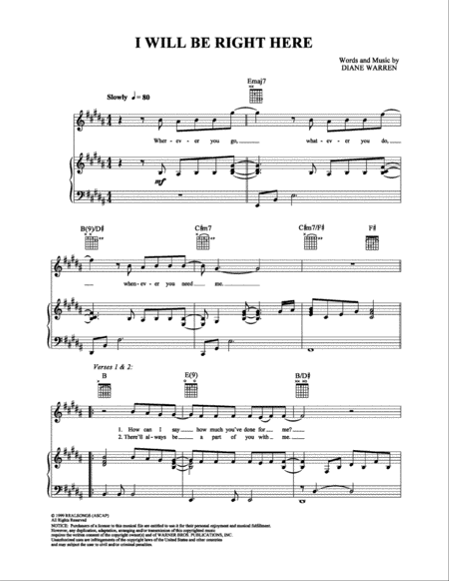I Will Be Right Here I Will Be Right Here Piano, Vocal, Guitar scores gallery preview page 1