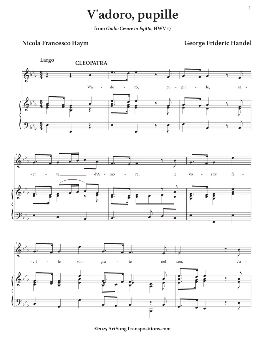 HANDEL: V'adoro, pupille (transposed to E-flat major) Piano, Vocal scores gallery preview page 2
