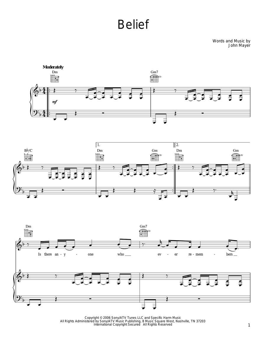 Belief Piano, Vocal, Guitar scores gallery preview page 1