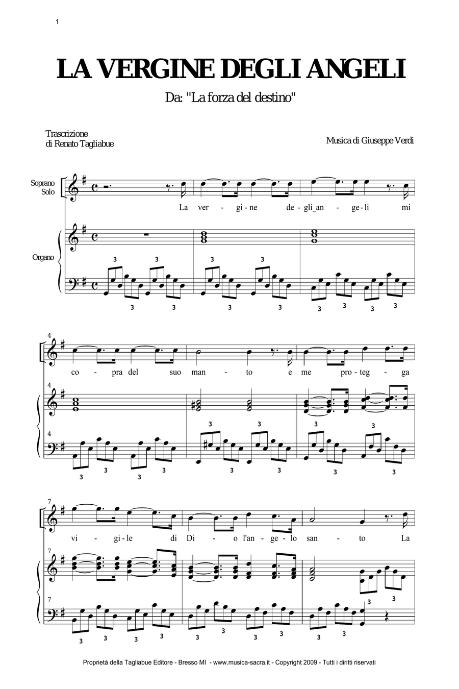 LA VERGINE DEGLI ANGELI - Verdi - For Soprano (or any instrument in C) and Organ Soprano Voice scores gallery preview page 1
