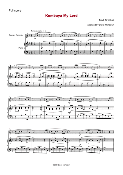 Kumbaya My Lord, Gospel Song for Descant Recorder and Piano