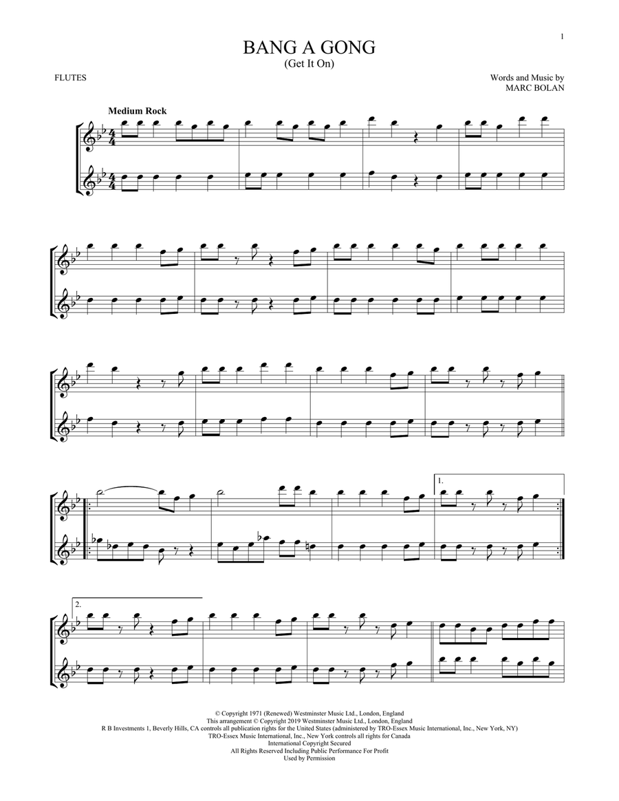 Bang A Gong (Get It On) Flute Duet scores gallery preview page 1
