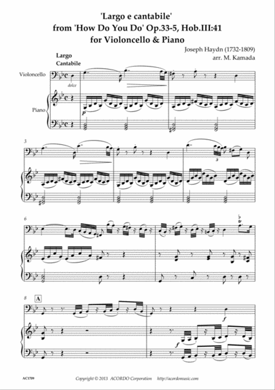 Largo e cantabile' from 'How Do You Do' Op.33-5, Hob.III:41 for Violoncello & Piano Piano scores gallery preview page 1