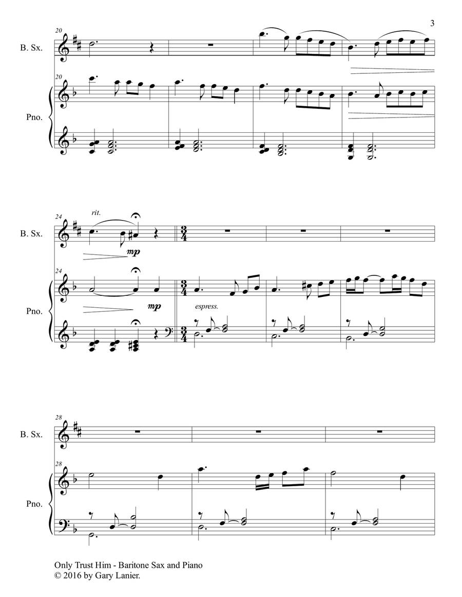 ONLY TRUST HIM (Duet – Baritone Sax & Piano with Parts) Woodwind Duet scores gallery preview page 4
