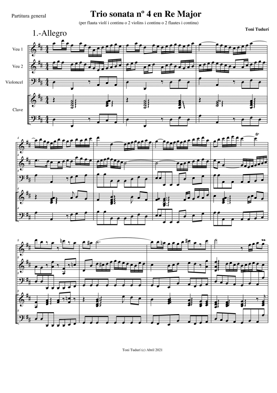 Trio sonata nº4 in D Major for flute, violin & cello or 2 violins & cello and basso continuo (SCORE Small Ensemble scores gallery preview page 1