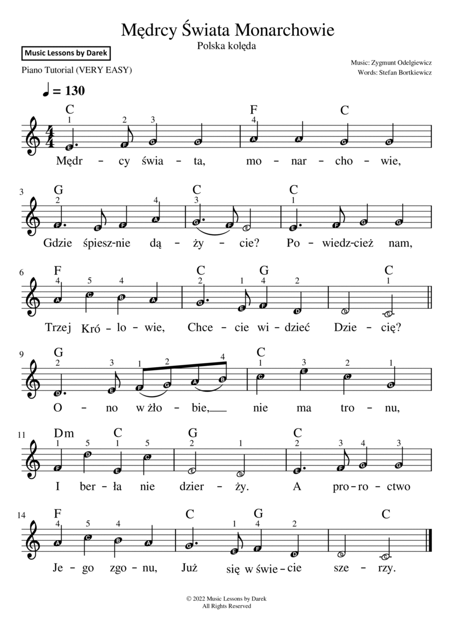 Mędrcy Świata Monarchowie (Polish Christmas Carol) [VERY EASY PIANO] Easy Piano scores gallery preview page 1