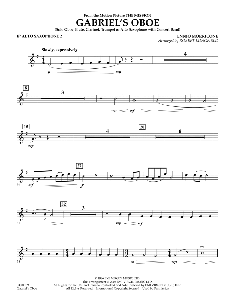 Gabriel's Oboe (from The Mission) - Eb Alto Saxophone 2 Concert Band scores gallery preview page 1
