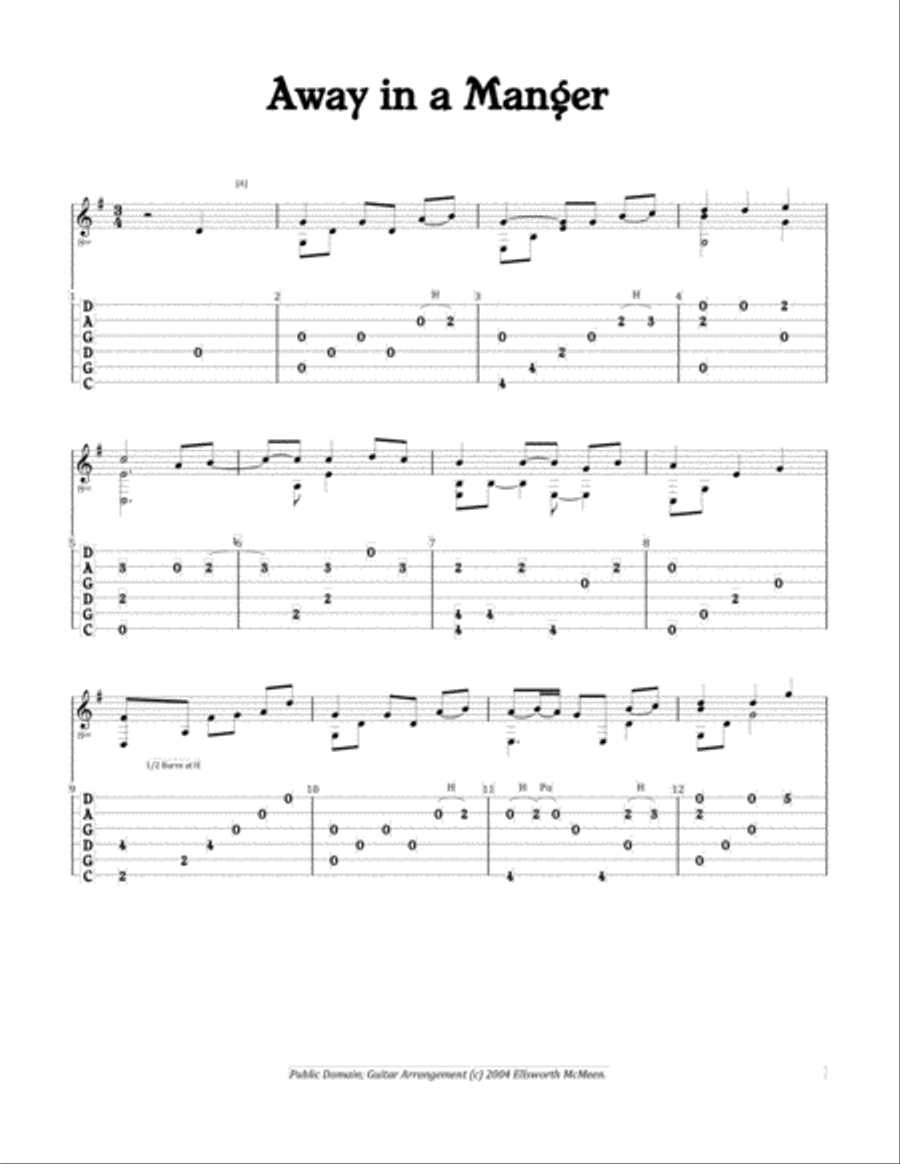 Away in a Manger (For Fingerstyle Guitar Tuned CGDGAD) Acoustic Guitar scores gallery preview page 1