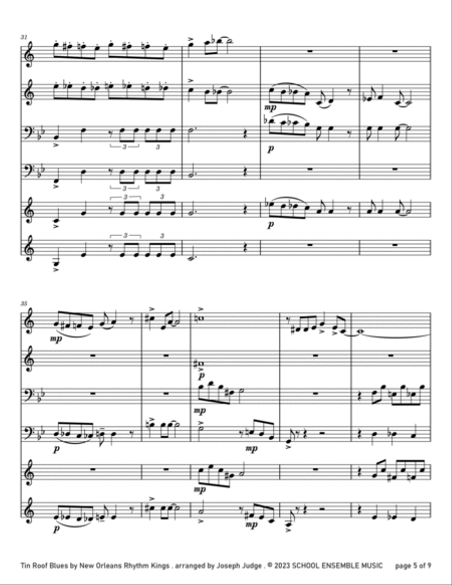 Tin Roof Blues by the Kings for Brass Quartet in Schools Brass Quartet scores gallery preview page 5