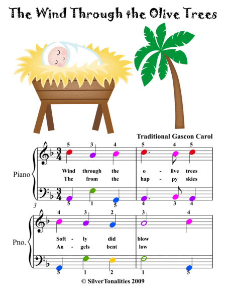 The Wind Through the Olive Trees Easy Piano Sheet Music with Colored Notation