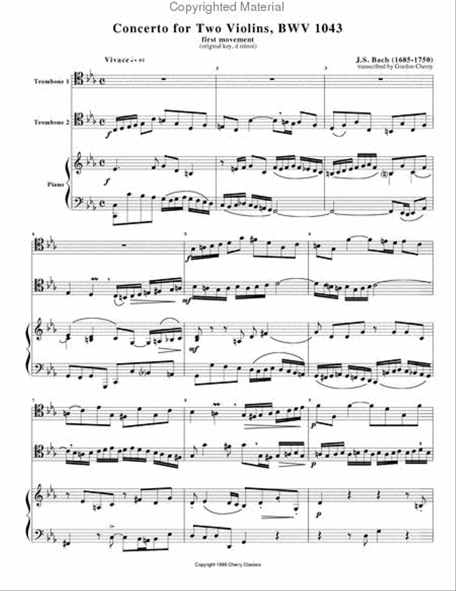 Concerto for two Violins 1st Movement from for Two Tenor Trombones & Piano Trombone scores gallery preview page 2