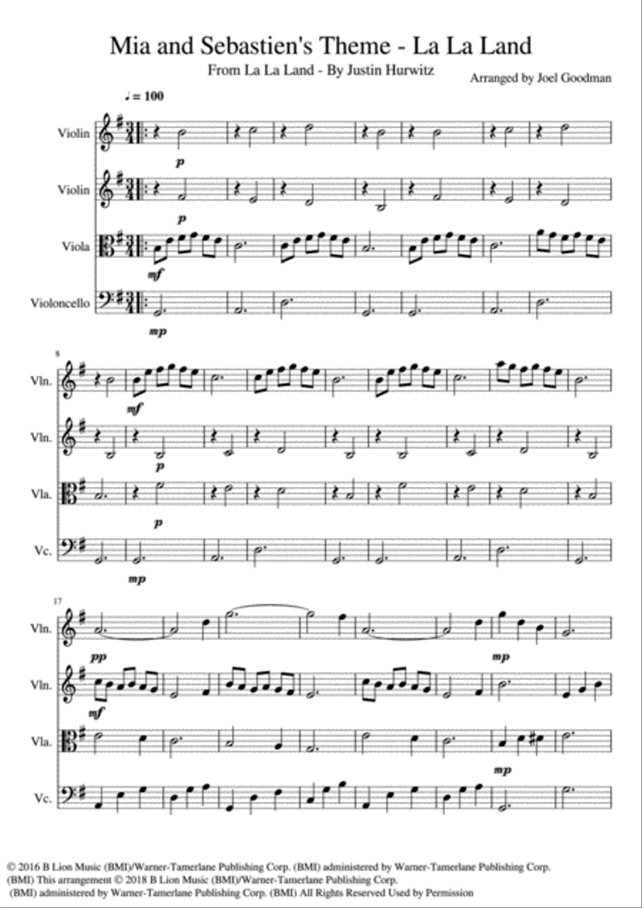 Mia & Sebastian's Theme String Quartet scores gallery preview page 1