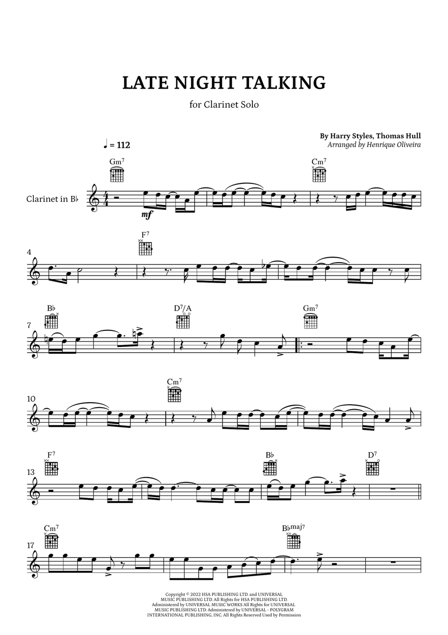Late Night Talking B-Flat Clarinet scores gallery preview page 1