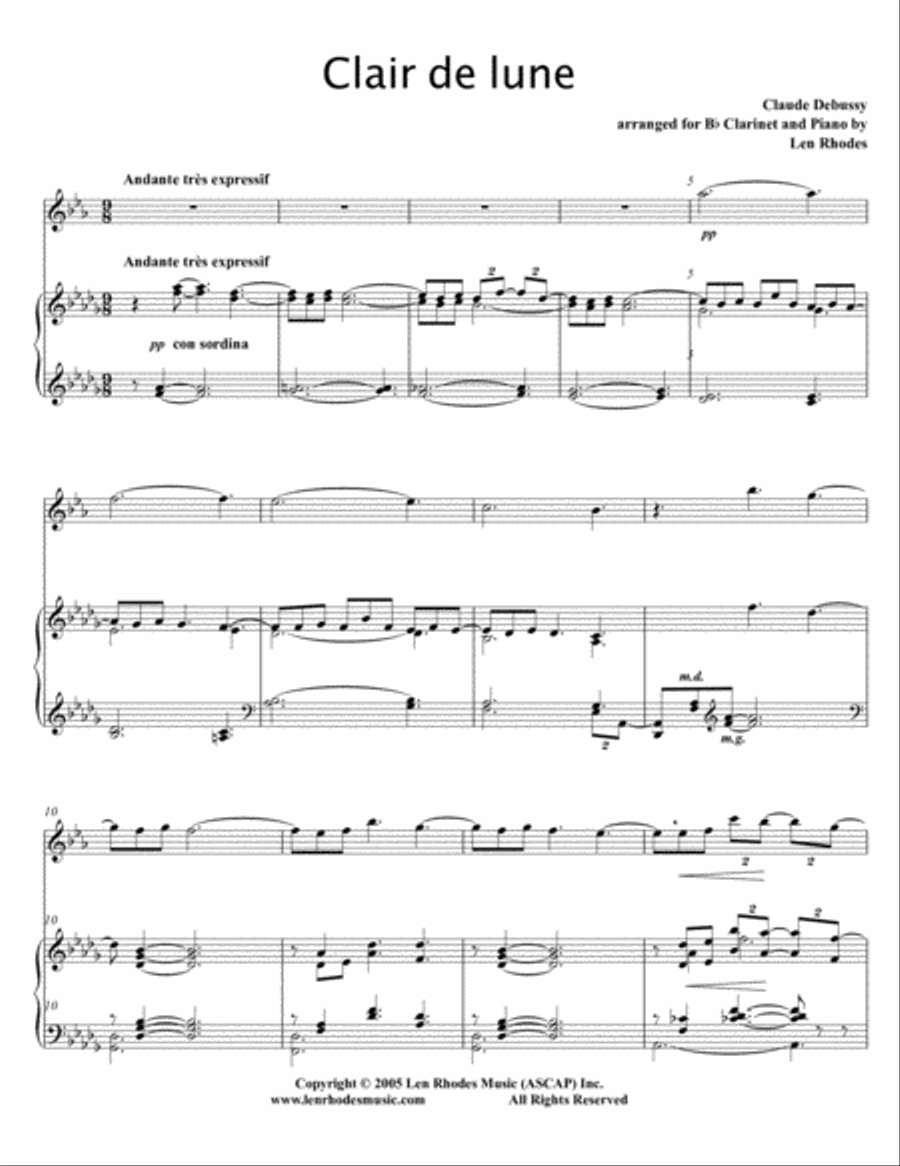 Debussy - Clair de Lune, transcribed for Clarinet in Bb and Piano B-Flat Clarinet scores gallery preview page 1