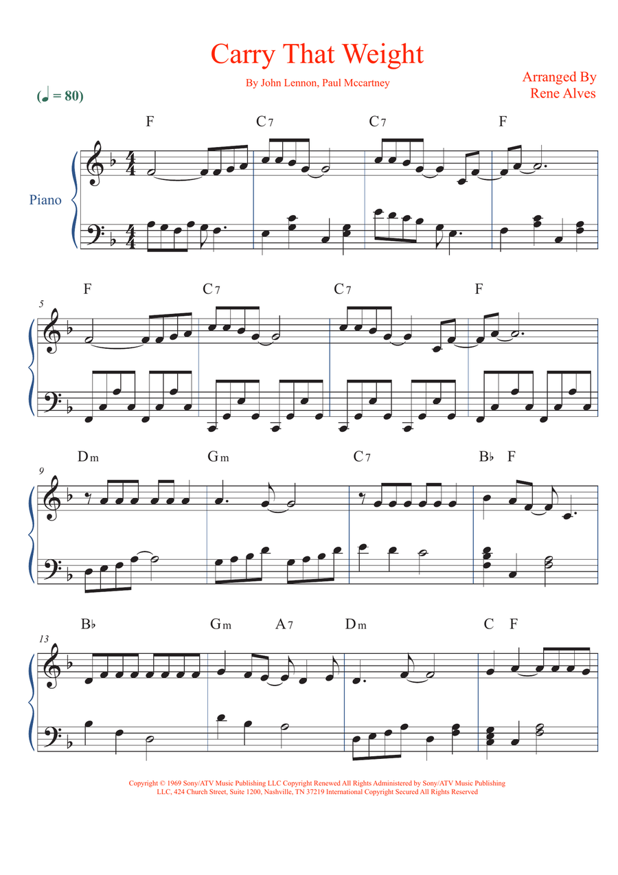Carry That Weight Easy Piano scores gallery preview page 1