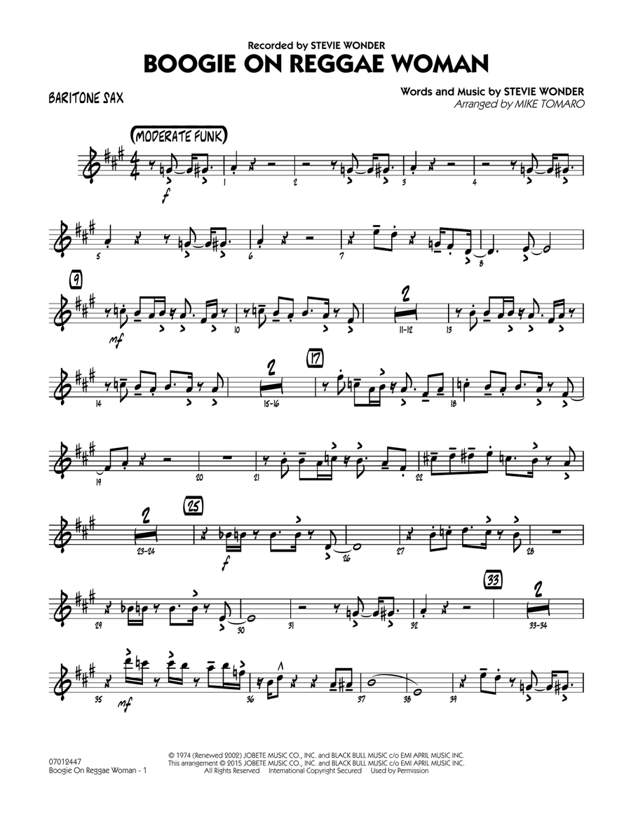 Boogie On Reggae Woman - Baritone Sax Jazz Ensemble scores gallery preview page 1