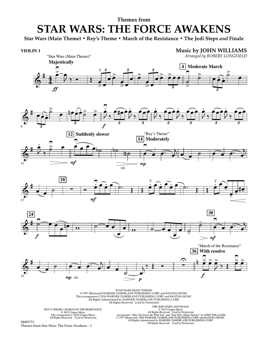 Themes from Star Wars: The Force Awakens - Violin 1 Orchestra scores gallery preview page 1