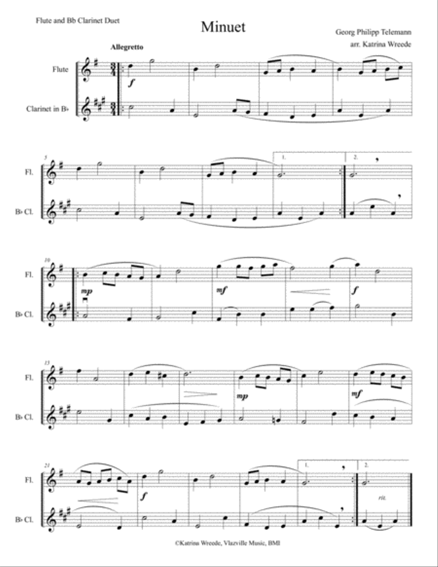 Minuet for Flute and Bb Clarinet by Telemann Woodwind Duet scores gallery preview page 1