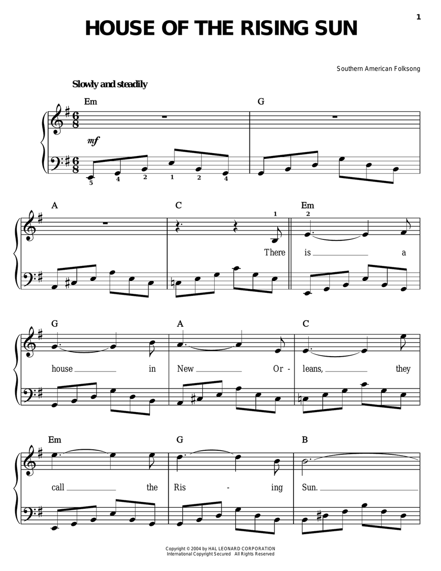 House Of The Rising Sun Easy Piano scores gallery preview page 1
