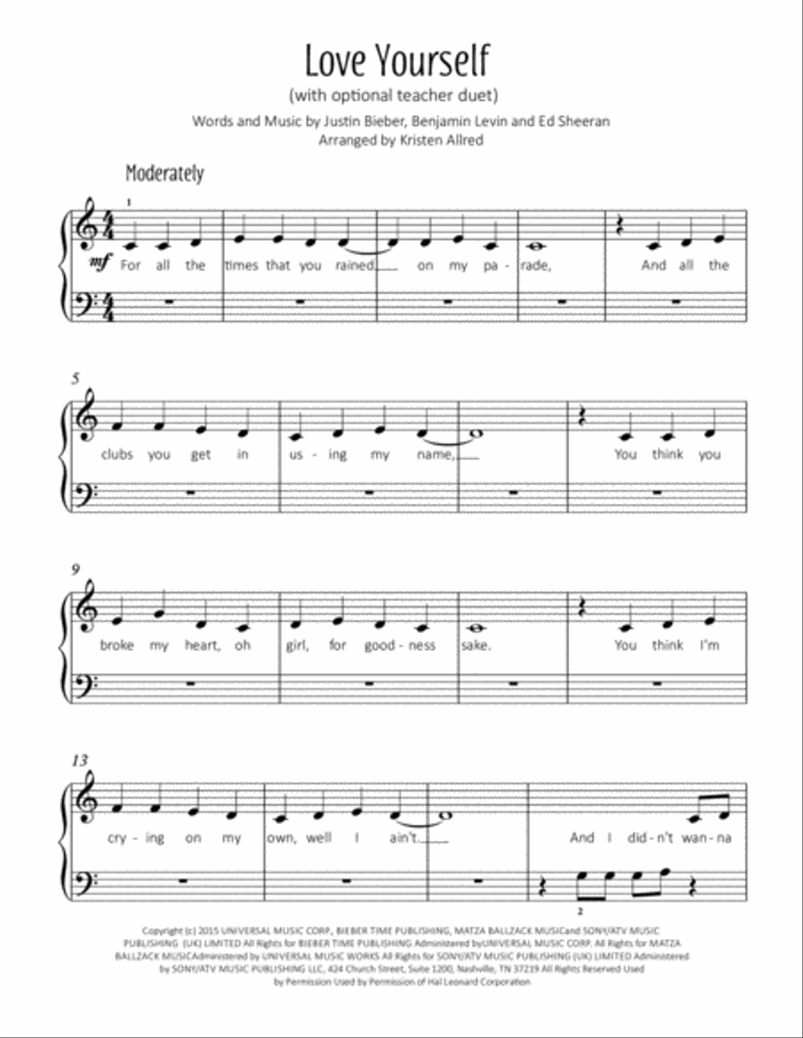 Love Yourself Easy Piano scores gallery preview page 1