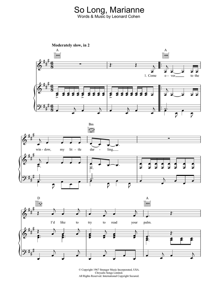 So Long, Marianne Piano, Vocal, Guitar scores gallery preview page 1