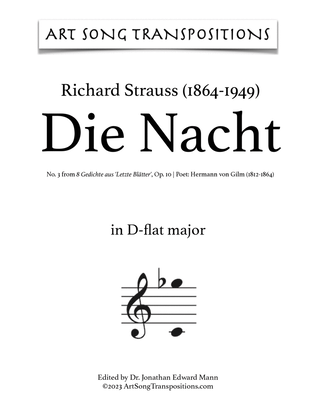Book cover for STRAUSS: Die Nacht, Op. 10 no. 3 (transposed to D-flat major)