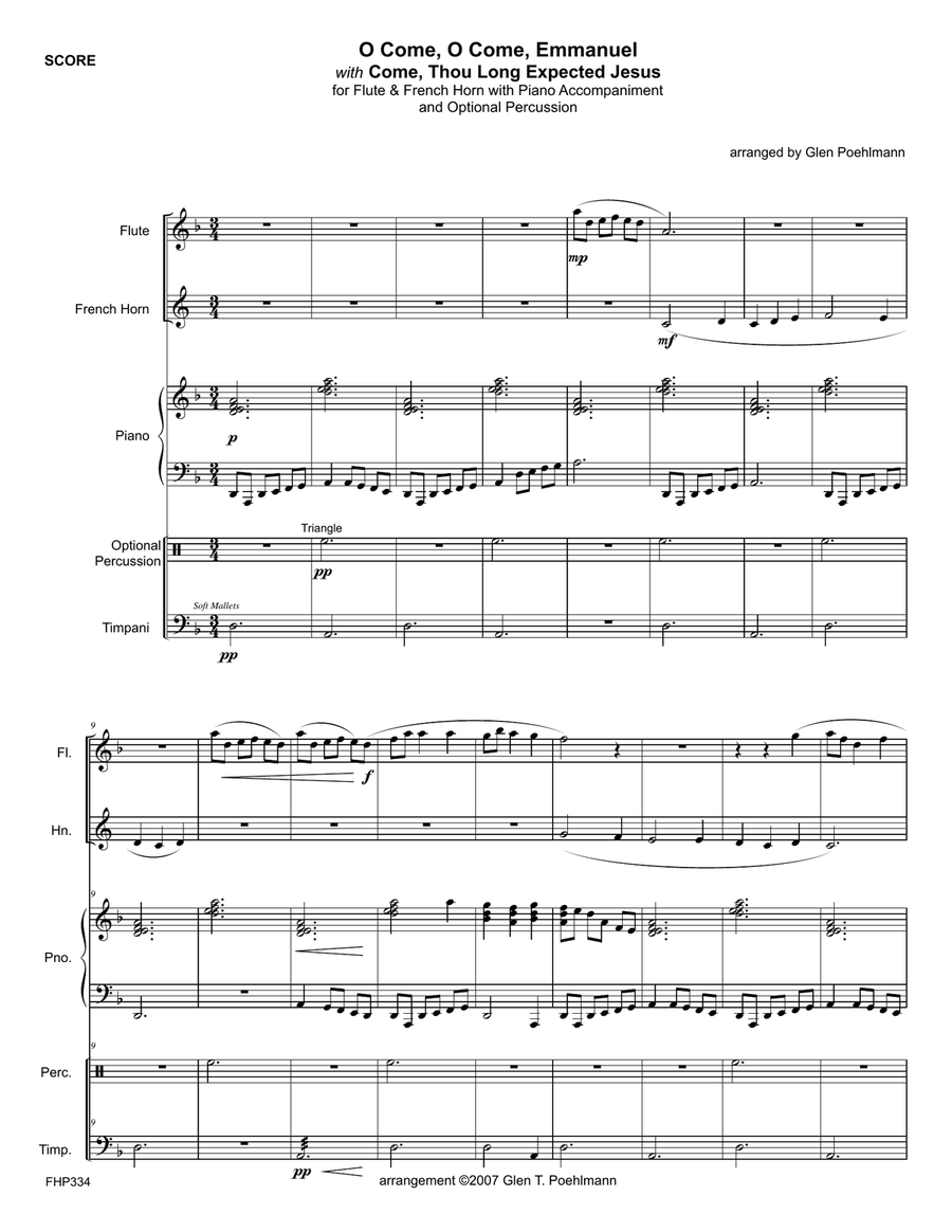 O COME, O COME EMMANUEL/COME THOU LONG-EXPECTED JESUS - FLUTE & HORN with Piano & opt Perc #334 Small Ensemble scores gallery preview page 1