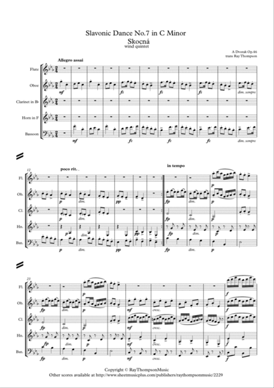 Dvorak: Slavonic Dances Op.46 No.7 in C minor (Skocná) - wind quintet Woodwind Quintet scores gallery preview page 2