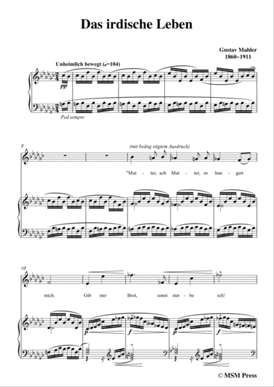 Mahler-Das irdische Leben in G flat Major,for Voice and Piano Voice Solo scores gallery preview page 3