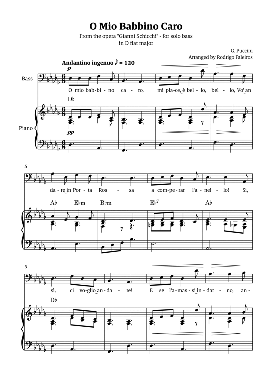 O Mio Babbino Caro - for bass (in D flat major) Voice scores gallery preview page 1