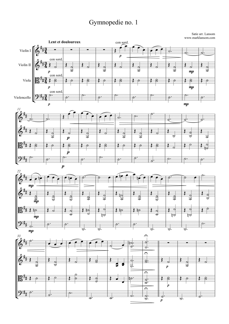 Gymnopedie no. 1 for String Quartet String Quartet scores gallery preview page 1