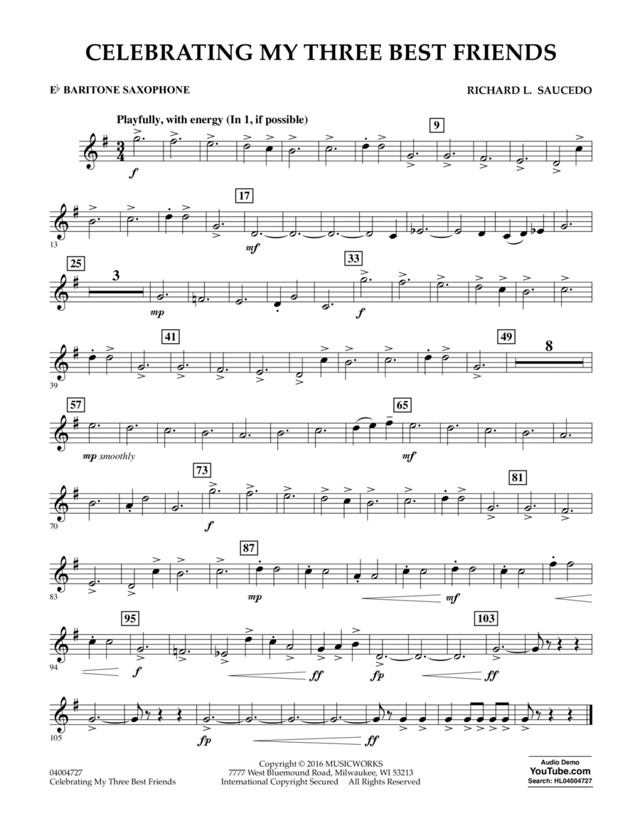 Celebrating My Three Best Friends - Eb Baritone Saxophone Baritone Saxophone scores gallery preview page 1