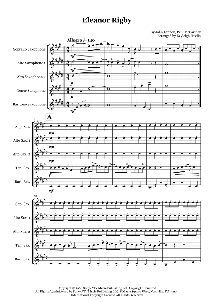 Eleanor Rigby Saxophone Quintet scores gallery preview page 1