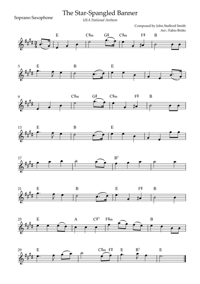 The Star Spangled Banner (USA National Anthem) for Soprano Saxophone Solo with Chords (D Major)