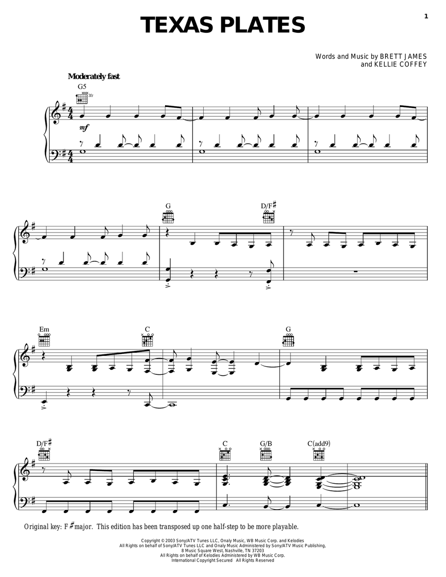 Texas Plates Piano, Vocal, Guitar scores gallery preview page 1