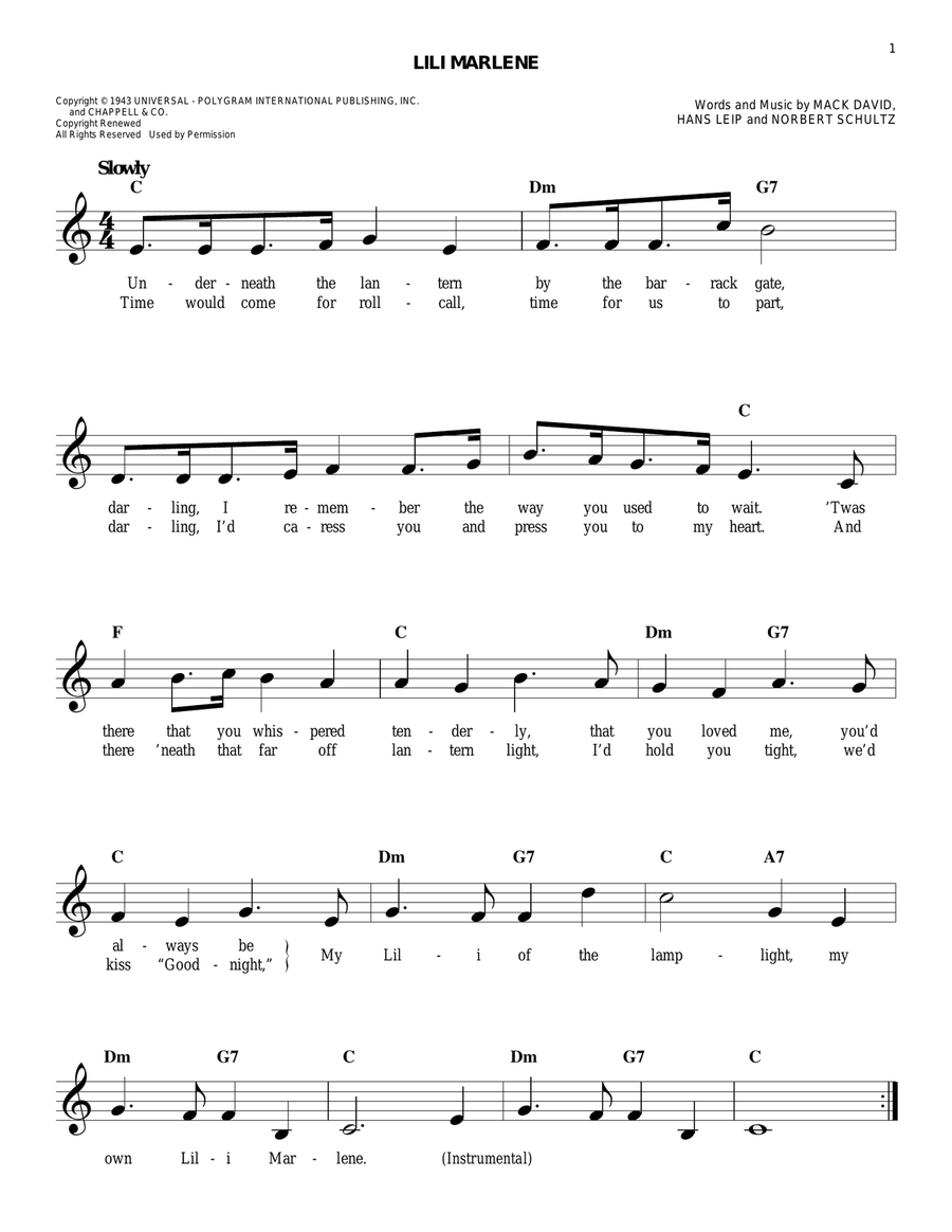 Lili Marlene Piano scores gallery preview page 1