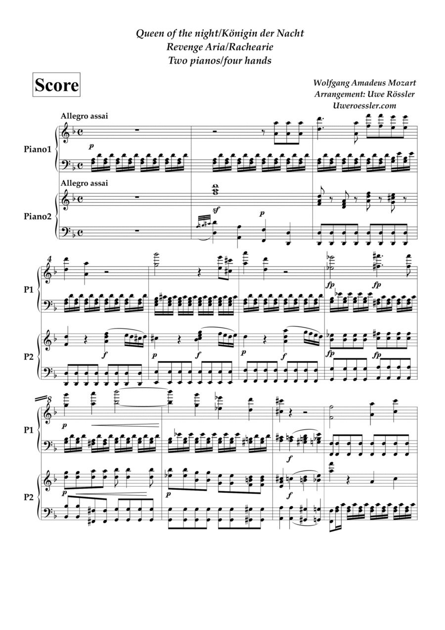 Magic Flute / Zauberflöte: Queen of the Night (Revenge Aria) / Königin der Nacht (Rachearie) 2 Pianos, 4-Hands scores gallery preview page 1
