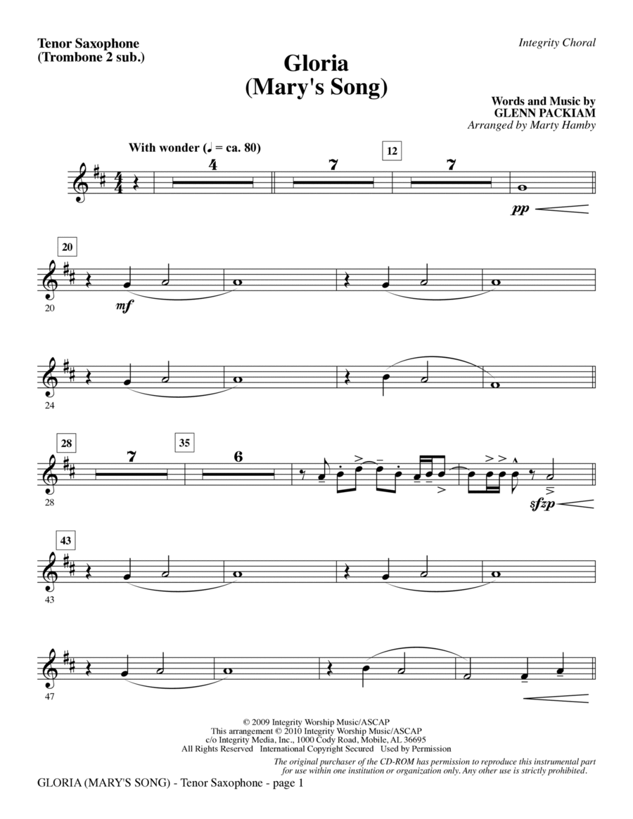 Gloria (Mary's Song) - Tenor Sax (Trombone 2 sub.) Choir scores gallery preview page 1