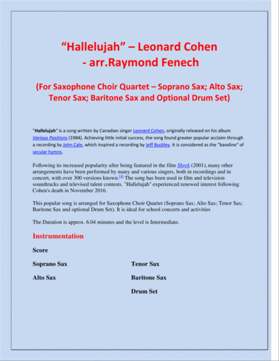 Hallelujah Saxophone Quartet scores gallery preview page 2