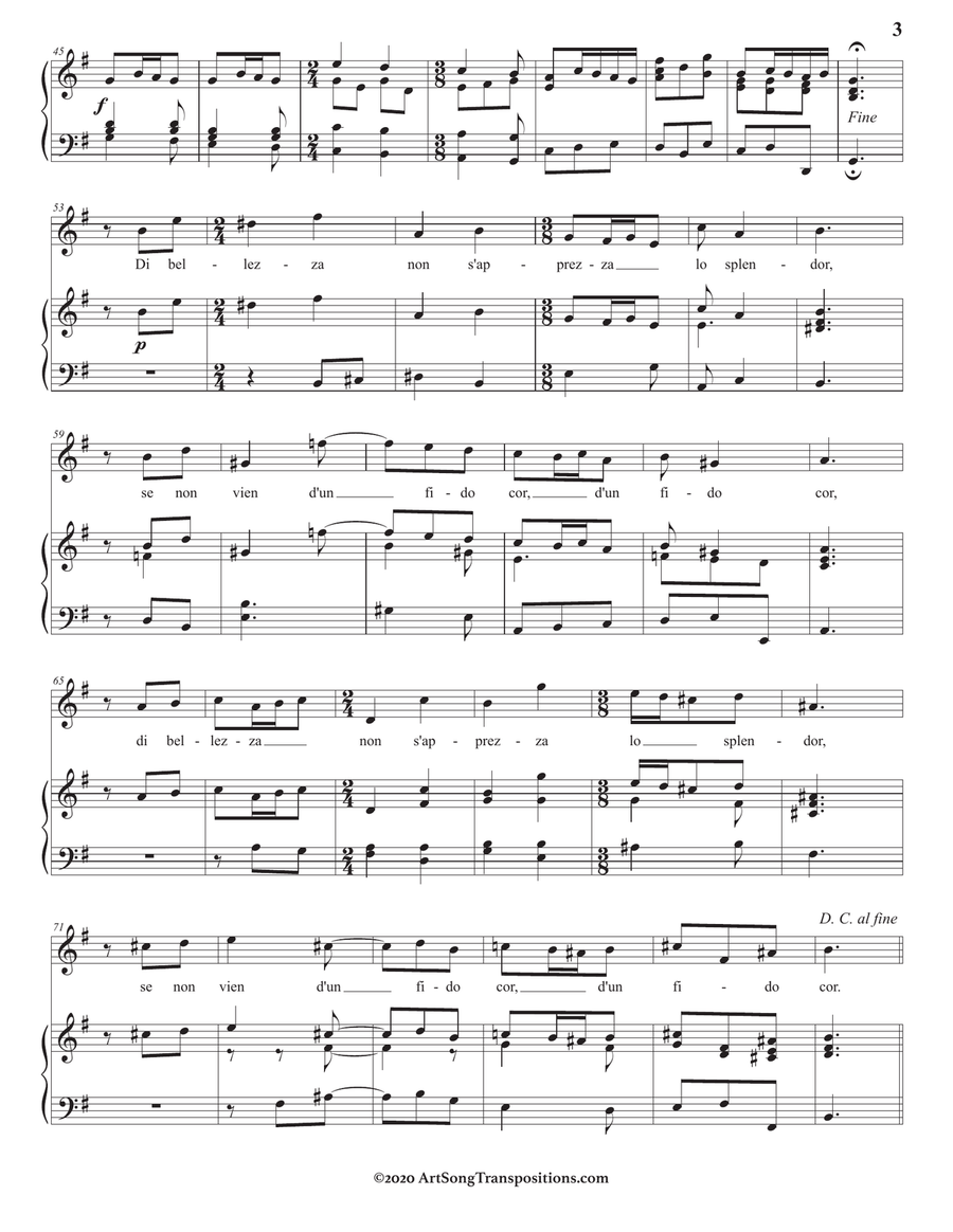 HANDEL: Bel piacere (transposed to 3 keys: G, G-flat, F major) Piano, Vocal scores gallery preview page 4