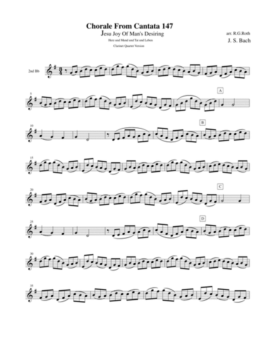 Bach 1723 BWV 147 Jesu Joy Of Man's Desiring for Clarinet quartet with optional String Bass