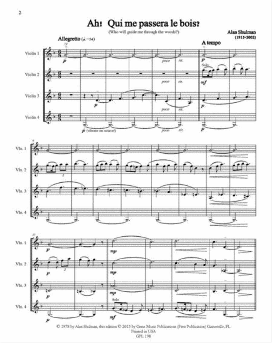 3 Canadian Folksongs for Violin Quartet (or multiples thereof) (1978) Violin scores gallery preview page 2