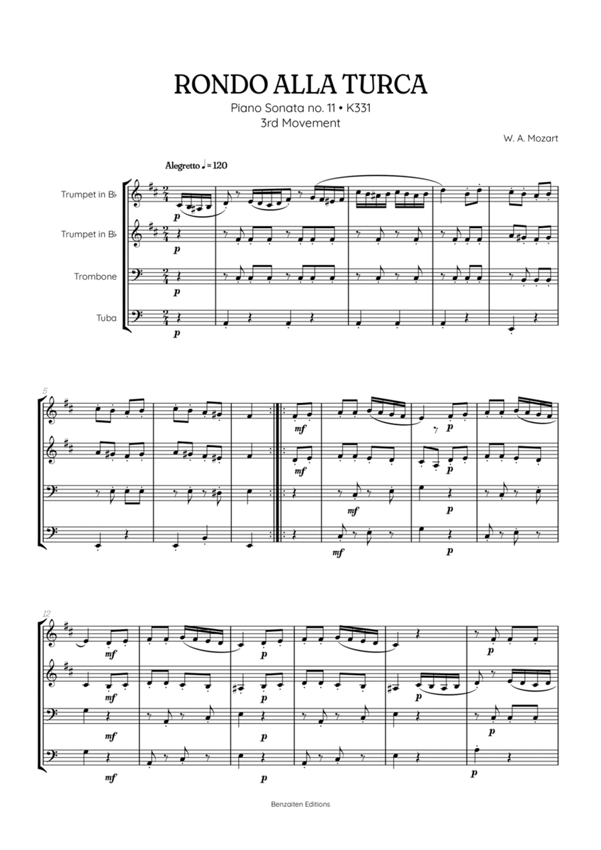 Rondo Alla Turca (Turkish March) | Brass Quartet Sheet Music image number null