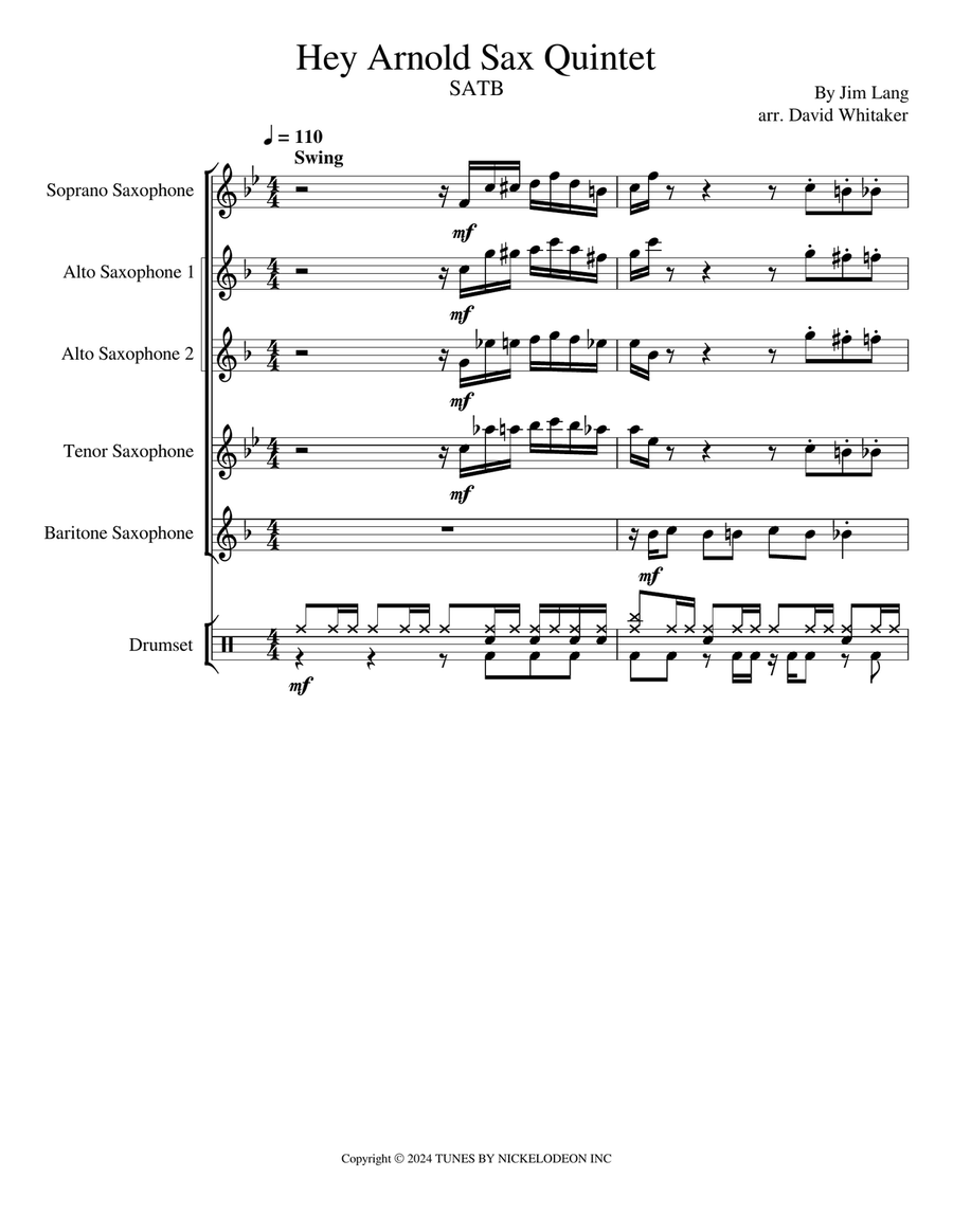 Hey Arnold! - Main Title Theme Saxophone Quintet scores gallery preview page 1