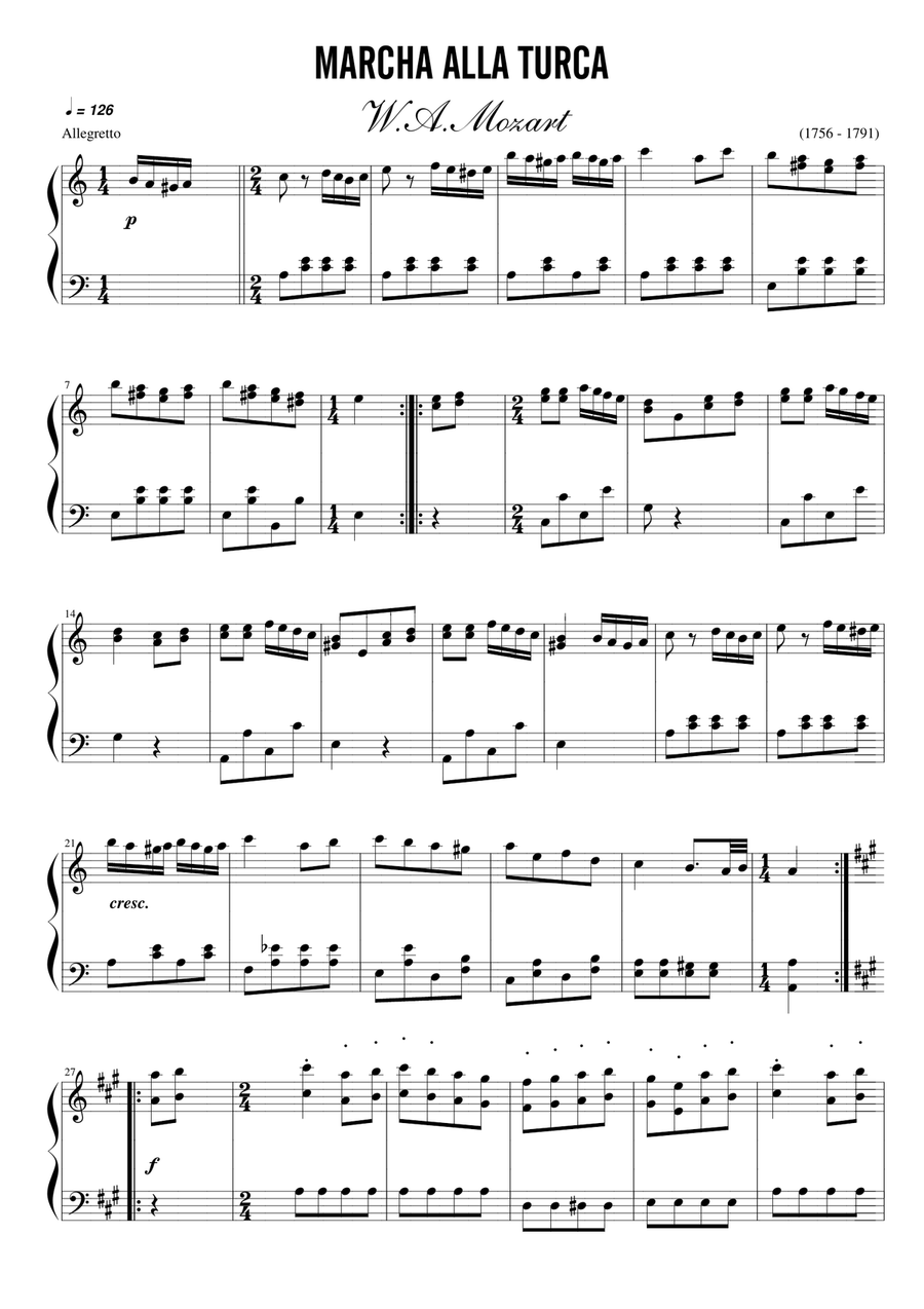 Wolfgang Amadeus Mozart - Rondo alla Turca [Piano Sonata Nº 11 in A, K.331] Piano Solo scores gallery preview page 1
