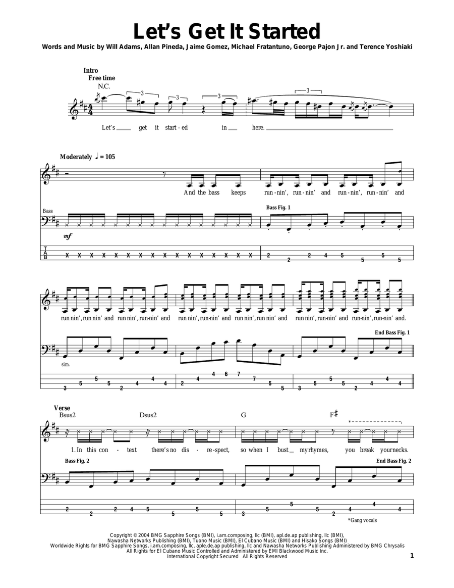 Let's Get It Started Bass Guitar Tablature scores gallery preview page 1