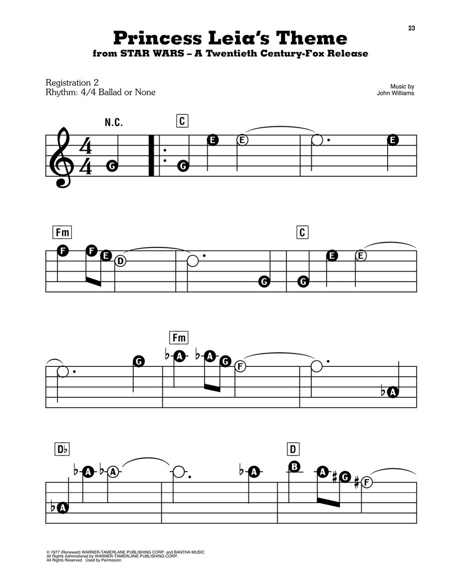 Princess Leia's Theme (from Star Wars: A New Hope) Electronic Keyboard scores gallery preview page 1
